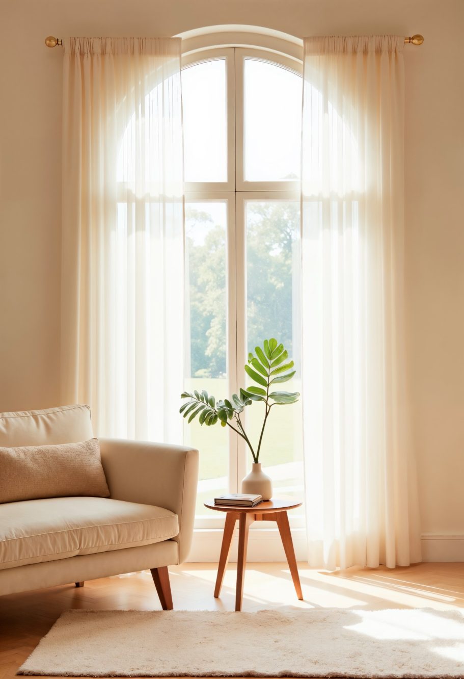 Coin salon lumineux avec canapé, table et plante près d'une grande fenêtre.