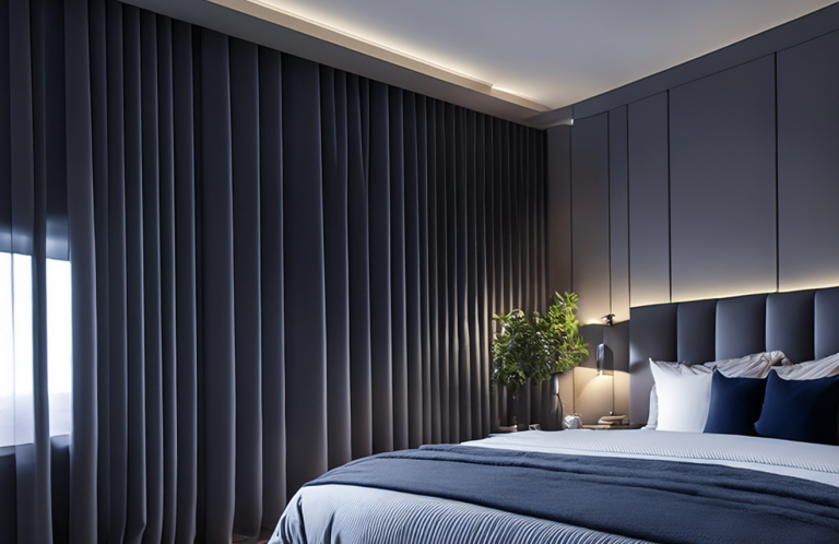 Chambre moderne avec lit, rideaux sombres et éclairage doux.