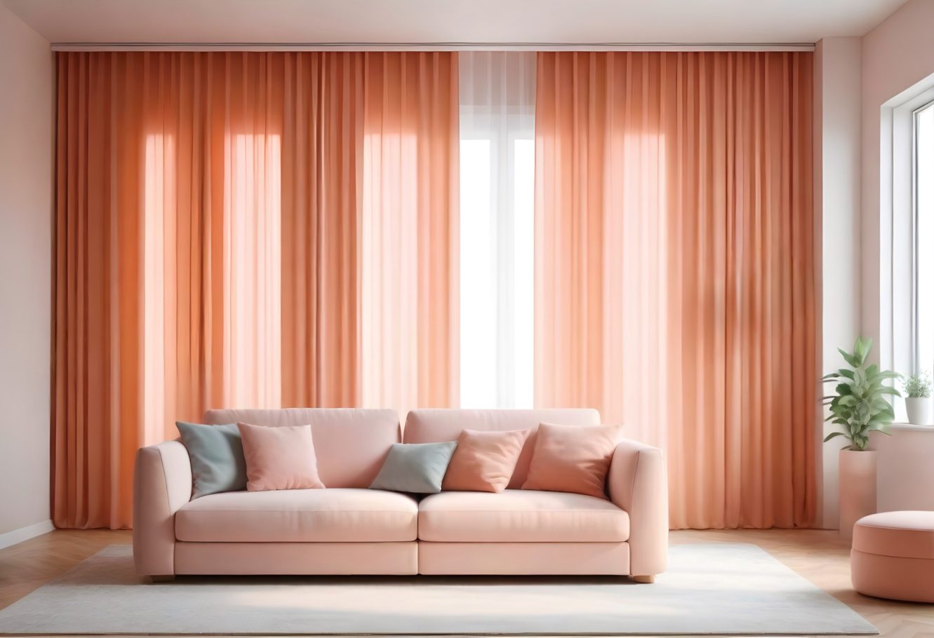 Un salon lumineux avec un canapé rose et des rideaux orange. Plantes décoratives présentes.