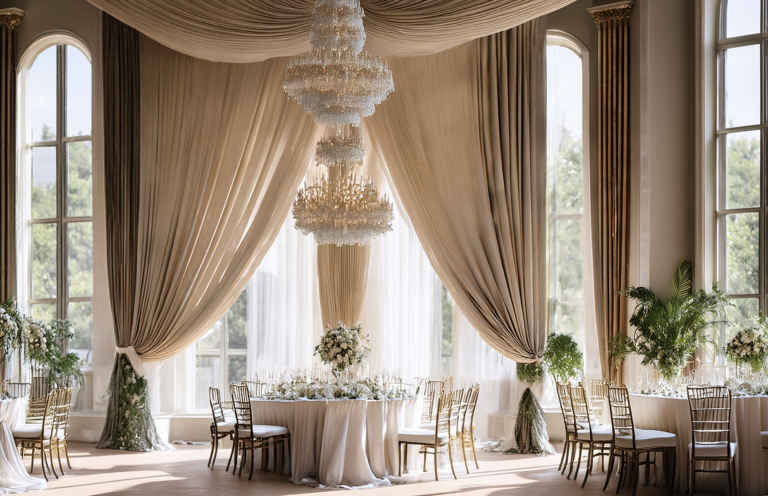 Salle élégante avec un grand lustre, draperies et tables décorées pour un événement.